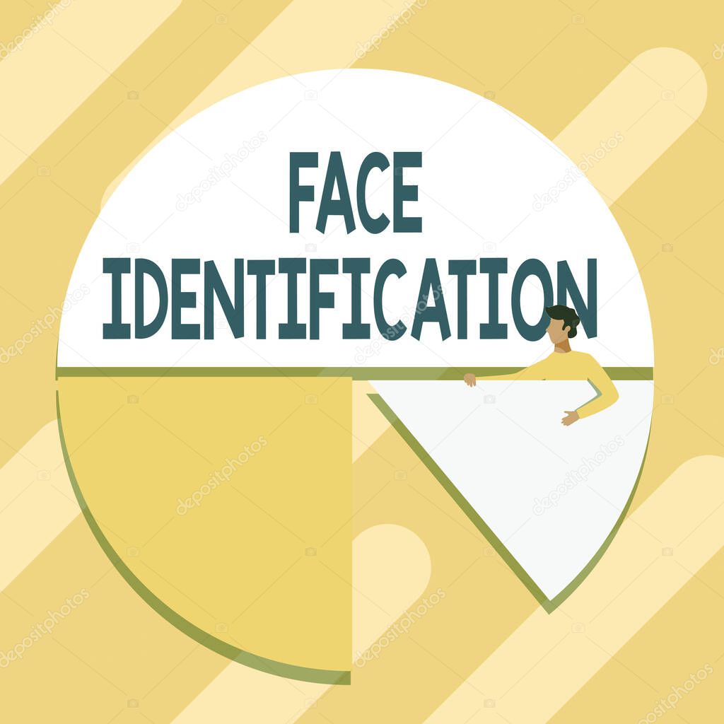 Sign displaying Face Identification. Internet Concept analyzing patterns based on the person s is facial contours Man Drawing Holding Pie Chart Piece Showing Graph Design.