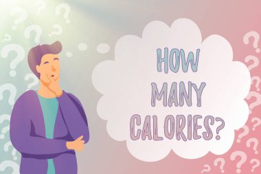 Kavramsal gösterim Kaç Kalori Sorusu. İnternet kavramı, vücudumuzun bundan ne kadar enerji alabileceğini soruyor Sosyal Medya Hesabı 'nı kaydetmek, Günlük Günlük Kaydı Yazmak ve Kaydetmek