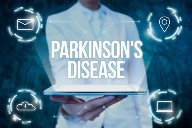 Parkinson S 'yi göstermek hastalıktır. Sanal Modern Teknoloji sunan Bayan Üniformalı Ayakta Duran Tablet El 'i etkileyen iş fikri sinir sistemi bozukluğu