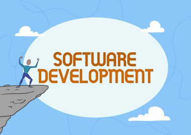 El yazısı yazımı Yazılım Geliştirme. İş konsepti yazılımı, Bulutlara Tırmanma Başarısı ile gurur duyan Atletik Adam illüstrasyonu ile oluşturuldu.