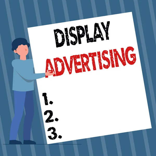 Inspiration showing sign Display Advertising. Business approach online advertising that is typically a designed image Man Standing Drawing Holding Presenting Huge Blank Paper.