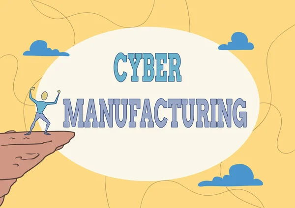 Handschrift teken Cyber Manufacturing. Business concept transformatief concept dat de vertaling van gegevens beoogt Atletische Man illustratie Mountain Proud Of Climbing Success To The Clouds Sky. — Stockfoto