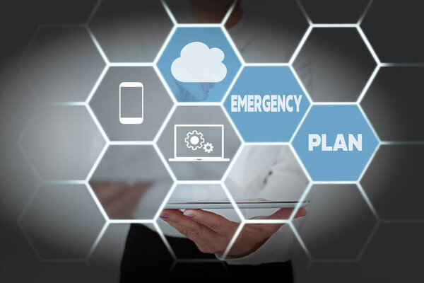 Inspiration showing sign Emergency Plan. Business showcase instructions that outlines what workers should do in danger Lady In Uniform Standing Holding Tablet Showing Futuristic Technologies.