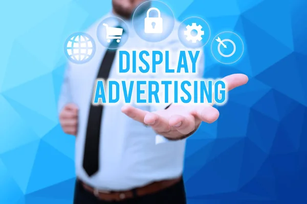 Text showing inspiration Display Advertising. Business concept online advertising that is typically a designed image Gentelman Uniform Standing Holding New Futuristic Technologies.