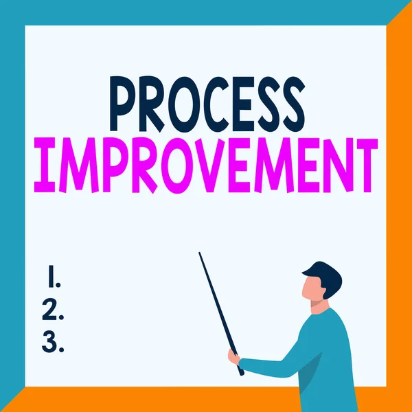 Conceptual caption Process Improvement. Word Written on ongoing effort to improve products services or processes Instructor Drawing Holding Stick Pointing Board Showing New Lessons.