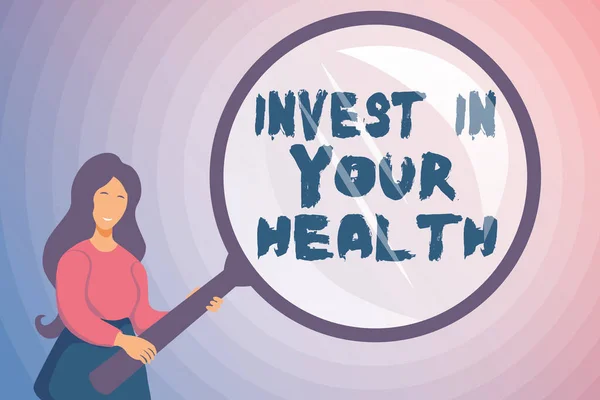 Текст підпису представляє Invest In Your Health. Концепція, що означає покласти гроші на підтримку або поліпшення вашого здоров'я Абстрактні дослідження і пошук питань, пошук відповідей Концепції — стокове фото