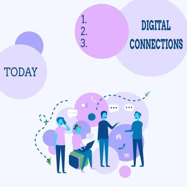 Handschriftliches Zeichen Digital Connections. Auf dem Online-Weg geschriebenes Wort zum Erforschen und Aufbau von Beziehungen Vier Kollegen Illustration Haben Gespräche Brainstorming Neue Ideen. — Stockfoto