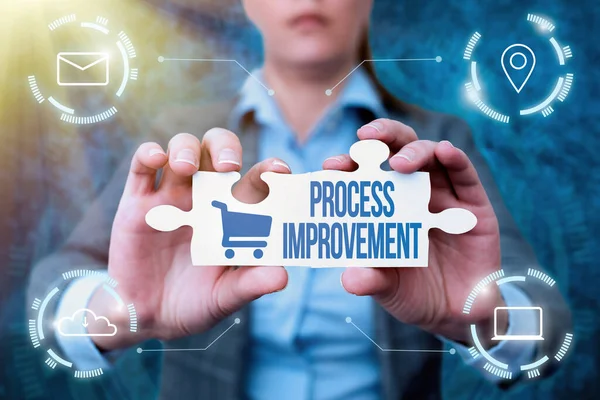Conceptual display Process Improvement. Concept meaning ongoing effort to improve products services or processes Business Woman Holding Jigsaw Puzzle Piece Unlocking New Futuristic Tech.
