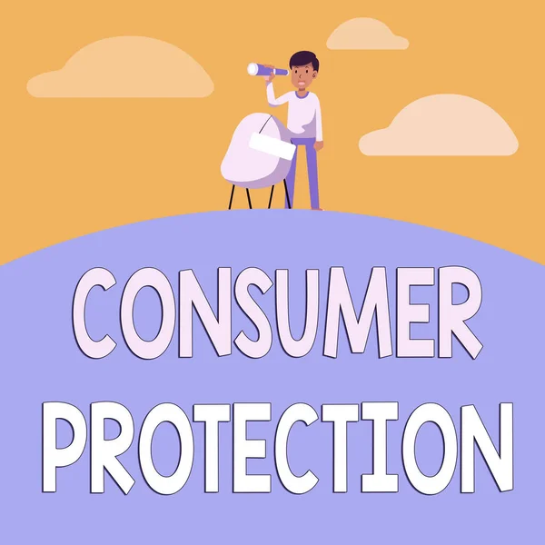 Textskylt som visar konsumentskydd. Internet Konceptreglering som syftar till att skydda konsumenternas rättigheter Man Kikare Illustration Stående stol med skyltfönster. — Stockfoto