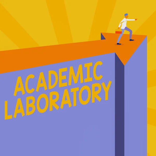 Sign displaying Academic Laboratory. Word for where students can go to receive academic support Man Illustration Carrying Suitcase On Top Of Arrow Showing New Phase Targets.