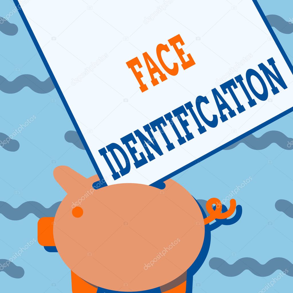 Text sign showing Face Identification. Internet Concept analyzing patterns based on the person s is facial contours Piggy Bank Drawing With Large Sheet Of Paper Stuck In The Hole.