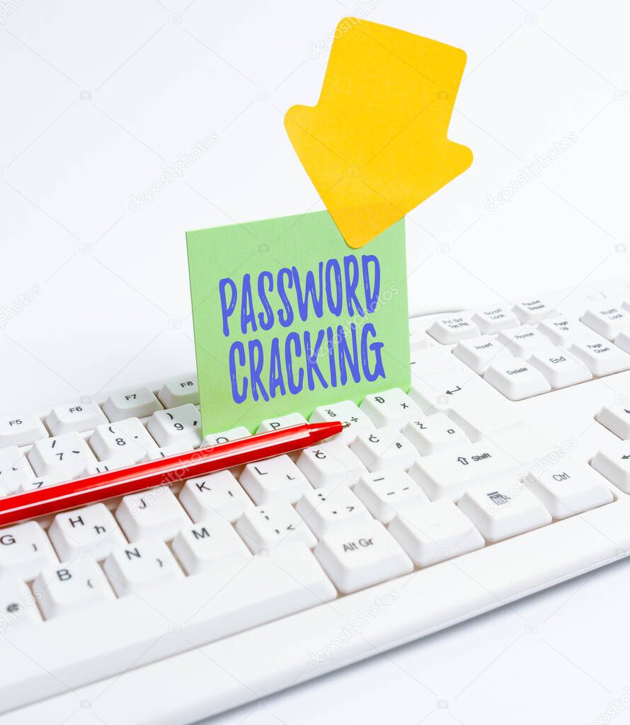 Hand writing sign Password Cracking. Business approach measures used to discover computer passwords from data Computer Laptop For Communication Typing New Ideas And Plan Development