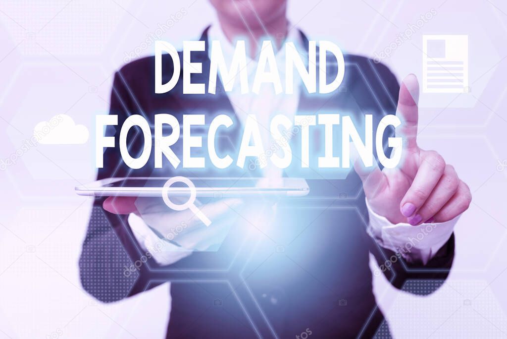 Text showing inspiration Demand Forecasting. Business showcase predict customer demand to optimize supply decisions Woman In Suit Holding Tablet Pointing Finger On Futuristic Virtual Button.