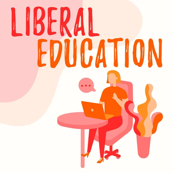 Podpis tekstowy przedstawiający Liberalną Edukację. Internet Concept education suitable for culture of free human being Kobieta Siedząca Biurko Korzystanie Laptop With Speech Bubble Obok roślin. — Zdjęcie stockowe