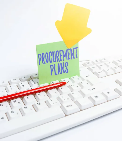 Text sign showing Procurement Plans. Word for determining the timeframes for their procurement Computer Laptop For Communication Typing New Ideas And Plan Development — Stock Photo, Image