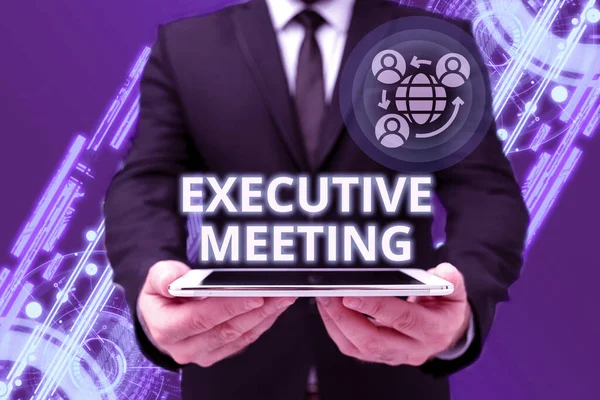 Text showing inspiration Executive Meeting. Conceptual photo discuss a specific topic with boards and general members Man In Office Uniform Holding Tablet Displaying New Modern Technology.