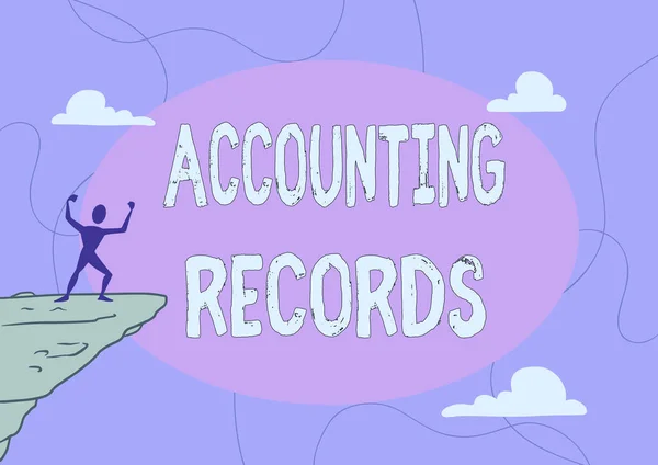 Texto mostrando inspiração Accounting Records. Conceito da Internet Registros manuais ou computadorizados de ativos e passivos ilustração Atlético Homem Montanha Orgulhoso de Escalada Sucesso Para as Nuvens Céu. — Fotografia de Stock