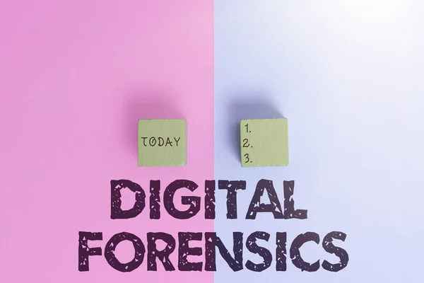 Текст, що показує натхнення цифрової криміналістики. Бізнес огляд вивчення матеріалу, знайденого в цифрових пристроях Два об'єкти розташовані обличчям всередину на окремому кольоровому тлі — стокове фото
