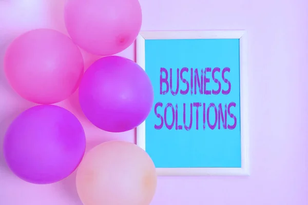 Writing displaying text Business Solutions. Business concept ideas used to help a company achieve its objectives Colorful Party Invitation Designs Bright Celebration Planning Ideas — Stock Photo, Image