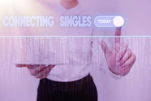 Text caption presenting Connecting Singles. Business showcase online dating site for singles with no hidden fees Lady Holding Tablet Pressing On Virtual Button Showing Futuristic Tech. — Stock Photo, Image