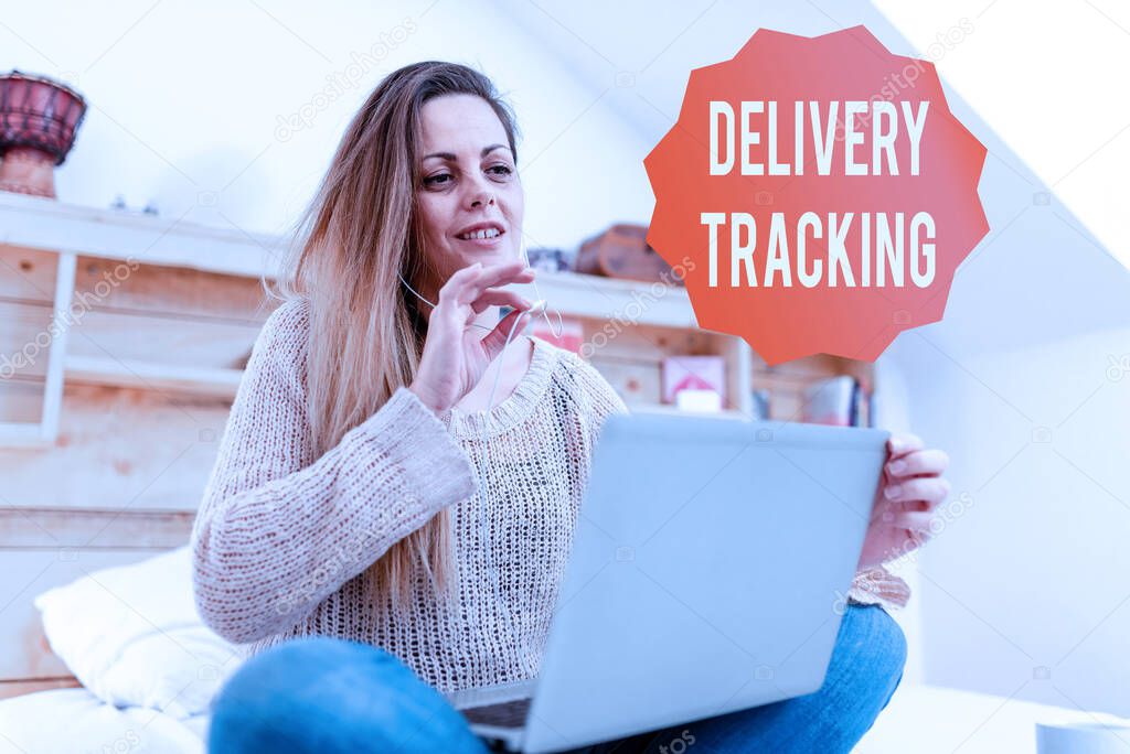 Text sign showing Delivery Tracking. Word for the process of localizing shipping containers and mails Casual Internet Surfing, Student Researching Online Websites