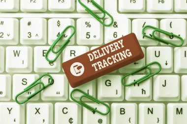 Text caption presenting Delivery Tracking. Word Written on the process of localizing shipping containers and mails Abstract Typing New Spreadsheets, Organizing Filing Systems Concept