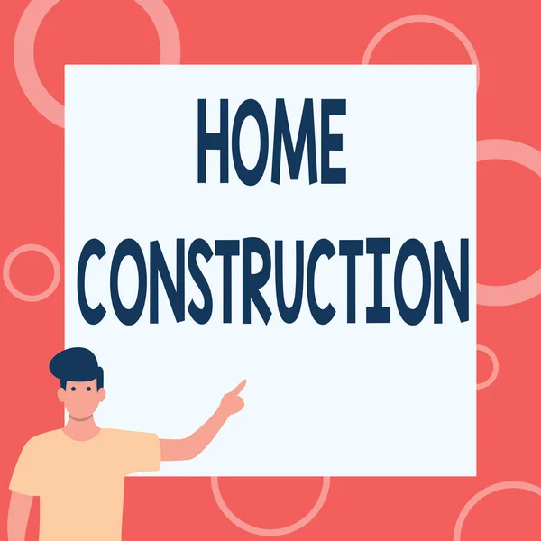 Assinatura exibindo Home Construction. Internet Conceber o processo de construção de um alojamento vivo Gentleman Drawing Standing Pointing Finger In Blank Whiteboard. — Fotografia de Stock