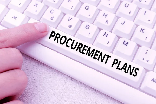 Inspiration showing sign Procurement Plans. Business idea determining the timeframes for their procurement Lady finger showing-pressing keyboard keys-buttons for update — Stock Photo, Image