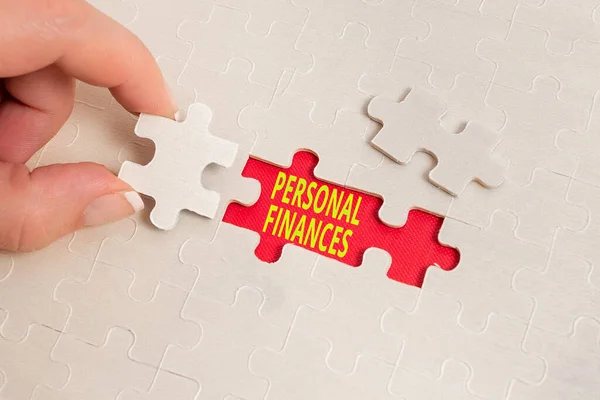 Writing displaying text Personal Finances. Concept meaning the activity of managing own money and financial decisions Building An Unfinished White Jigsaw Pattern Puzzle With Missing Last Piece — Foto de Stock