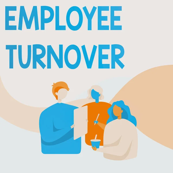 Conceptual display Employee Turnover. Business overview the percentage of workers who leave an organization Colleagues Standing Talking To Each Other Holding Paper Pen Cup. — Stok fotoğraf