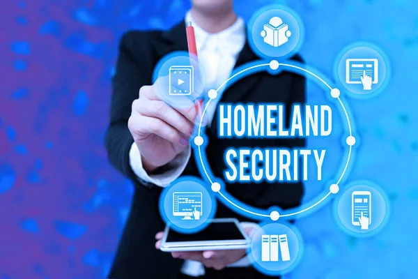 Text sign showing Homeland Security. Business approach federal agency designed to protect the USA against threats Lady In Uniform Holding Tablet In Hand Virtually Typing Futuristic Tech. — Foto de Stock