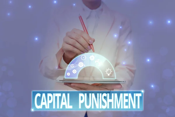Handwriting text Capital Punishment. Business approach authorized killing of someone as punishment for a crime Lady In Uniform Holding Pen Phone Showing Futuristic Virtual Interface. — Fotografia de Stock