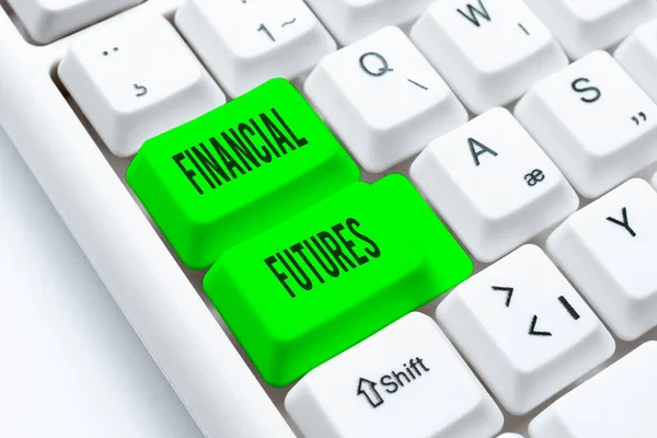 Conceptual caption Financial Futures. Concept meaning contract to buy or sell something such as foreign currency Creating New Word Processing Program, Fixing Complicated Programming Codes — Stockfoto