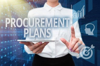 Inspiration showing sign Procurement Plans. Conceptual photo determining the timeframes for their procurement Lady In Uniform Holding Phone Virtual Press Button Futuristic Technology.