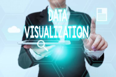 Handwriting text Data Visualization. Business overview representation of information in the form of a chart Woman In Suit Holding Tablet Pointing Finger On Futuristic Virtual Button.