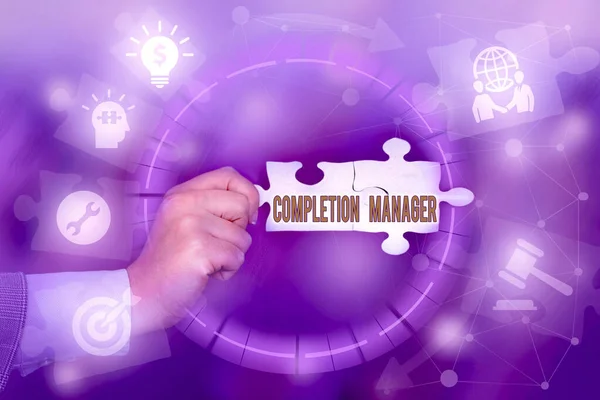 Conceptual display Completion Manager. Word Written on oversees all aspects of plan management to met goals Hand Holding Jigsaw Puzzle Piece Unlocking New Futuristic Technologies. — Stockfoto