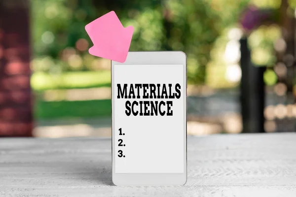 Text sign showing Materials Science. Business concept interdisciplinary field involving the properties of matter Abstract Outdoor Smartphone Photography, Displaying New Device — Stock fotografie
