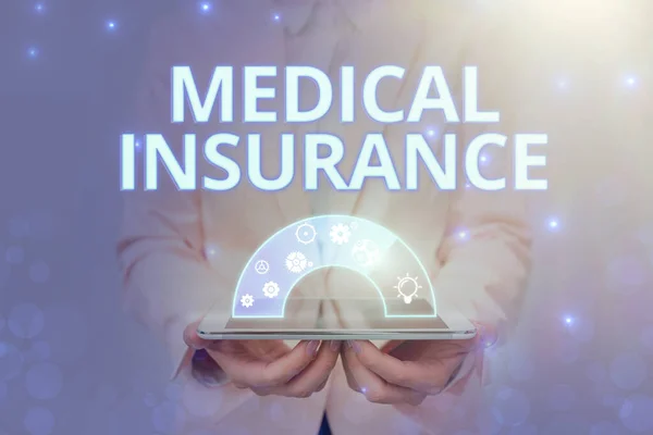 Conceptual caption Medical Insurance. Word Written on reimburse the insured for expenses incurred from illness Lady In Uniform Holding Pen Phone Showing Futuristic Virtual Interface. — Stockfoto