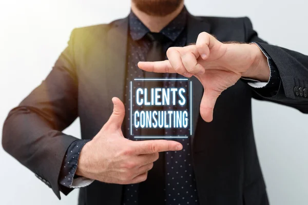 Text caption presenting Clients Consulting. Word for providing of expert knowledge to a third party for a fee Presenting New Plans And Ideas Demonstrating Planning Process — Stockfoto