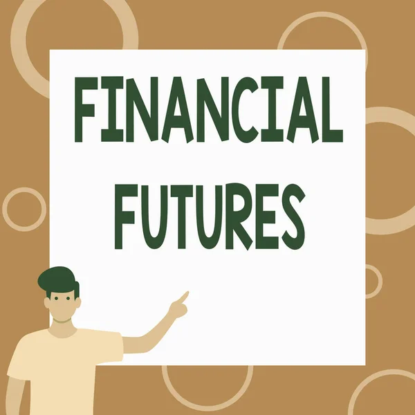 Conceptual display Financial Futures. Concept meaning contract to buy or sell something such as foreign currency Gentleman Drawing Standing Pointing Finger In Blank Whiteboard. — Photo