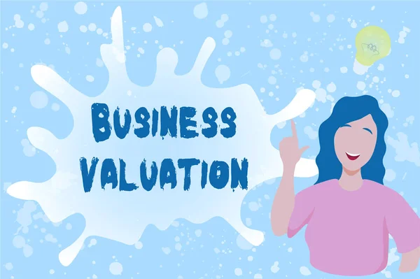 Hand writing sign Business Valuation. Business approach determining the economic value of a whole business Lady Illustration Discovery New Idea Lamp With Speech Bubble. — ストック写真