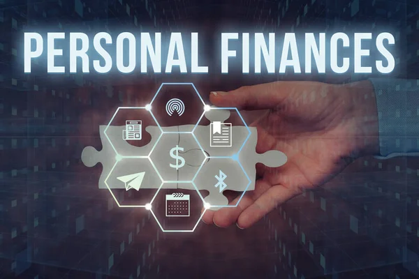 Conceptual display Personal Finances. Concept meaning the activity of managing own money and financial decisions Hand Holding Jigsaw Puzzle Piece Unlocking New Futuristic Technologies. — 图库照片