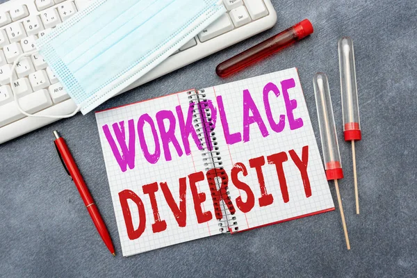 Text caption presenting Workplace Diversity. Concept meaning environment that accepts each individual s is differences Typing Medical Notes Scientific Studies And Treatment Plans