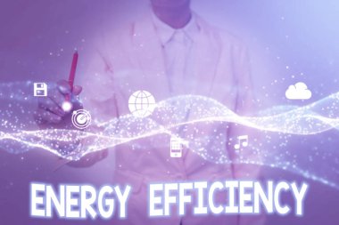 Text sign showing Energy Efficiency. Business concept reduce the amount of energy required to provide product Lady In Uniform Holding Tablet In Hand Virtually Tapping Futuristic Tech.