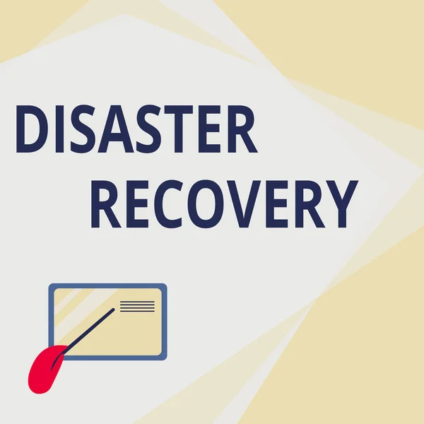 Text showing inspiration Disaster Recovery. Business approach helping showing affected by a serious damaging event Card Drawing With Hand Pointing Stick At Small Details. — Foto Stock