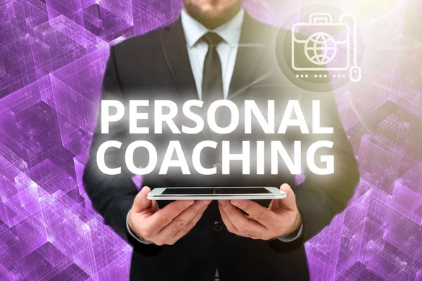 Text sign showing Personal Coaching. Concept meaning relationship agreement between a client and a coach Man In Office Uniform Holding Tablet Displaying New Modern Technology. — Stockfoto