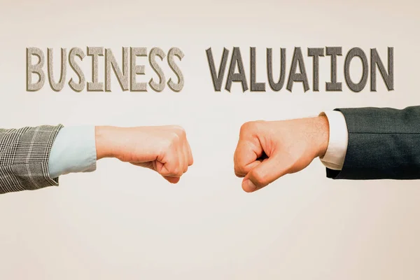 Text showing inspiration Business Valuation. Word for determining the economic value of a whole business Two Professional Well-Dressed Corporate Businessmen Handshake Indoors