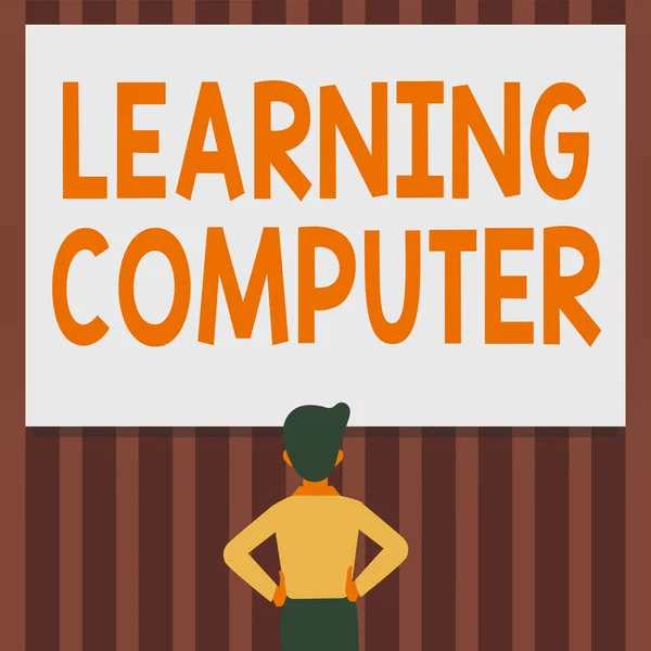 Text showing inspiration Learning Computer. Business idea learn more about each of the components in the computer Man Drawing Standing Hands N Hips Looking At An Empty Whiteboard. — Φωτογραφία Αρχείου