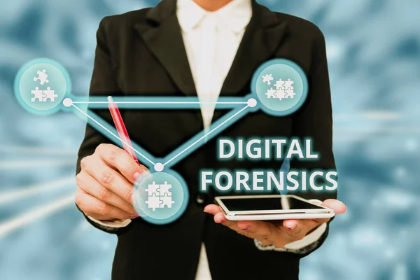 Text sign showing Digital Forensics. Word for investigation of material found in digital devices Lady In Uniform Holding Tablet In Hand Virtually Typing Futuristic Tech. — Zdjęcie stockowe