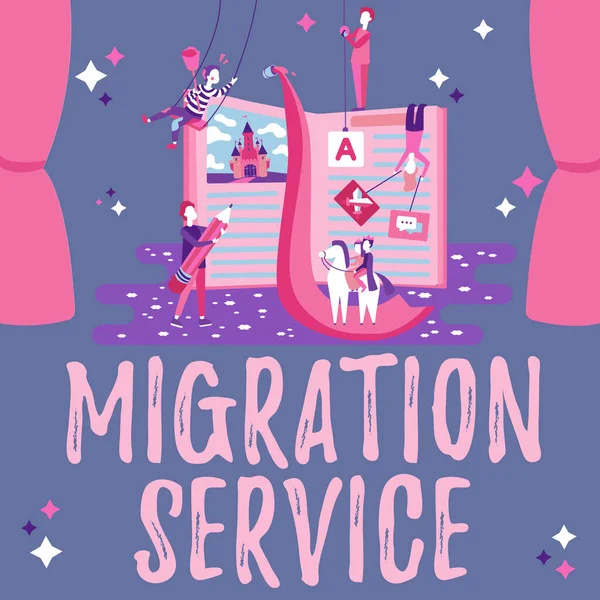 Sign displaying Migration Service. Concept meaning moving of company data to a cloud service providers Fixing Program Code, Updating Application Software, Finding Programming Bug - Stock-foto